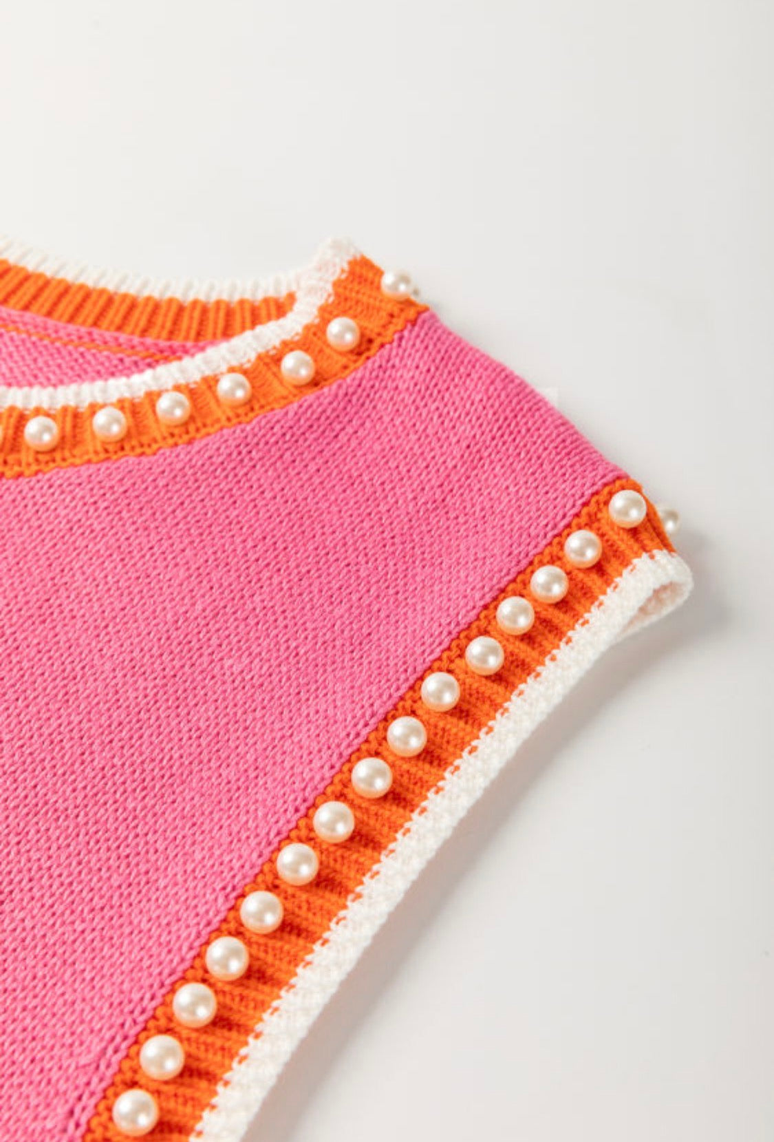 Bright pink contrast trim pearl sweater tank top