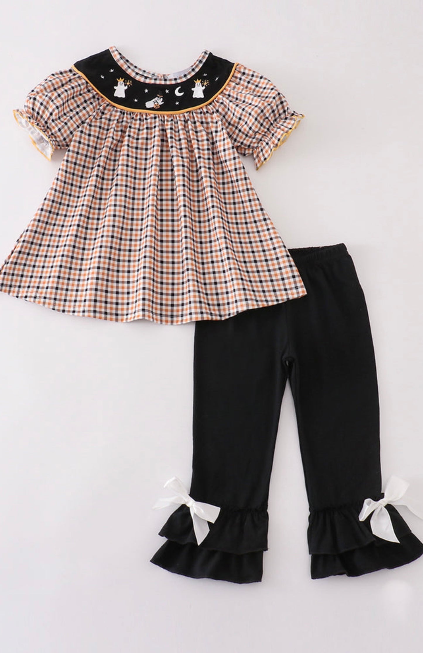 Halloween ghost embroidery paid girl set