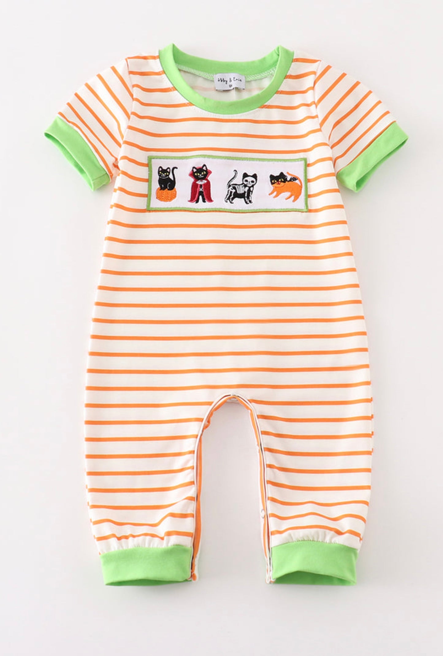 Green Halloween cat embroidery romper