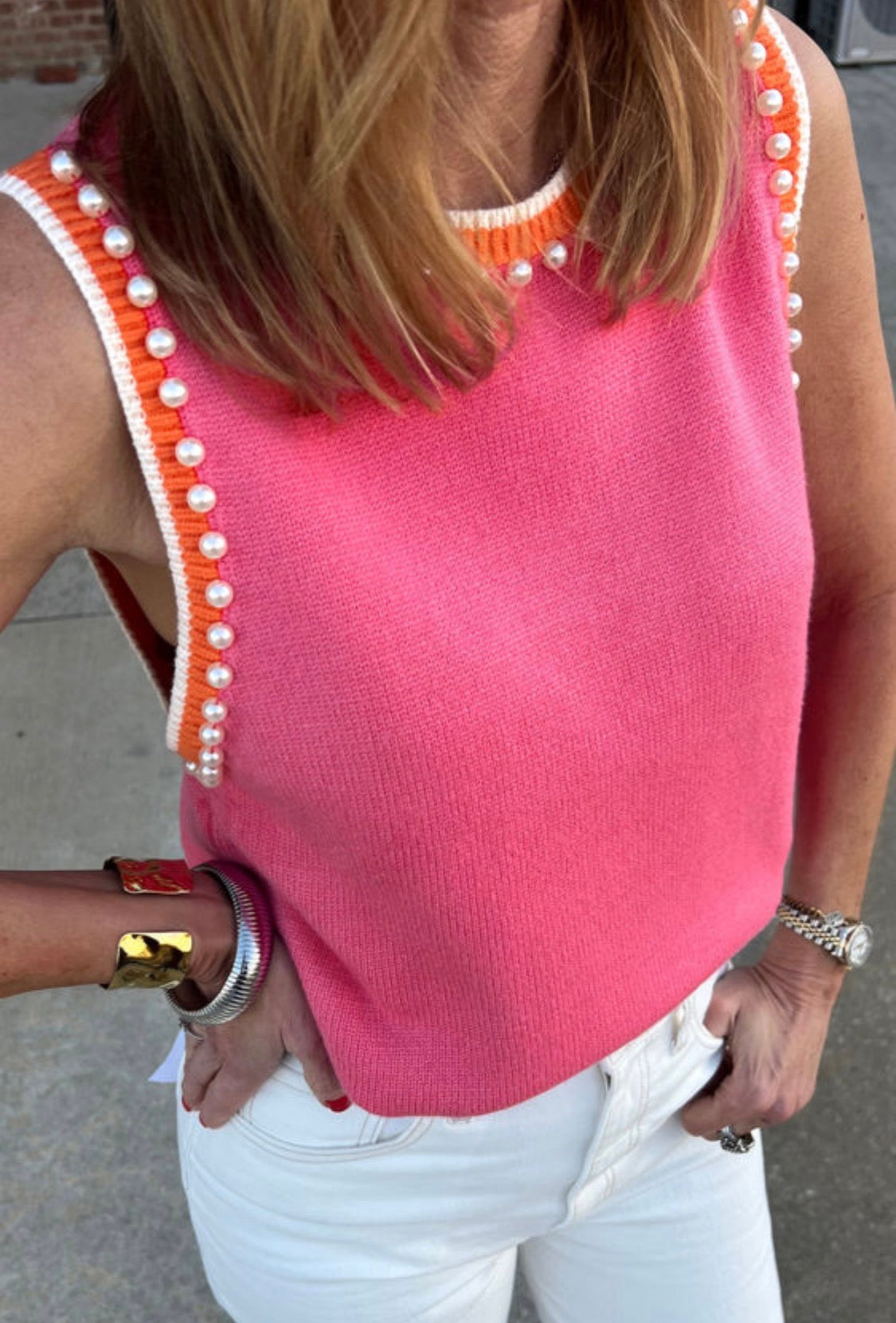 Bright pink contrast trim pearl sweater tank top