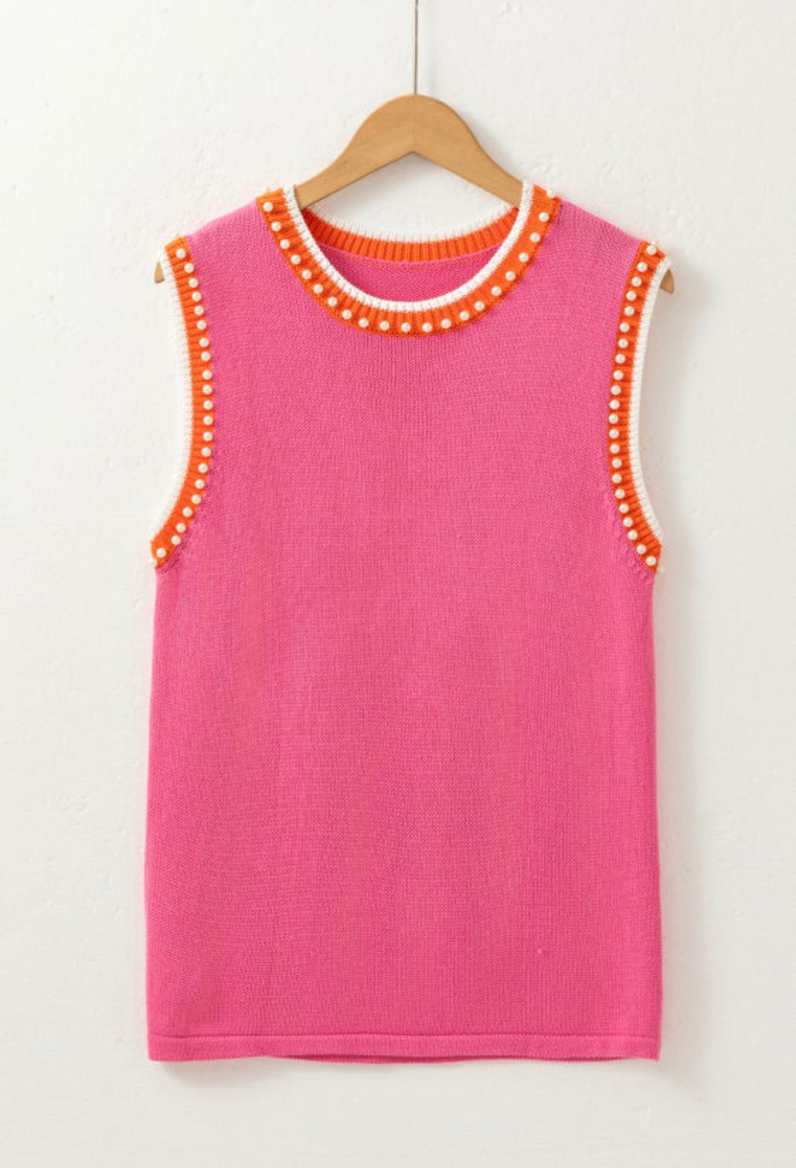 Bright pink contrast trim pearl sweater tank top