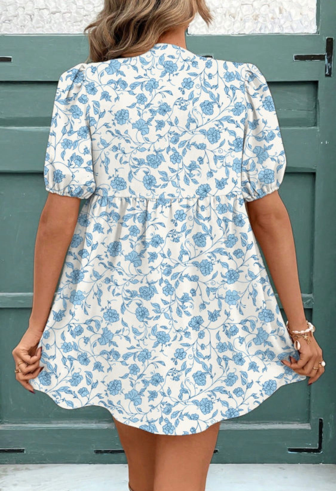 Sky Blue Floral Bow Puffy Sleeve Mini Dress