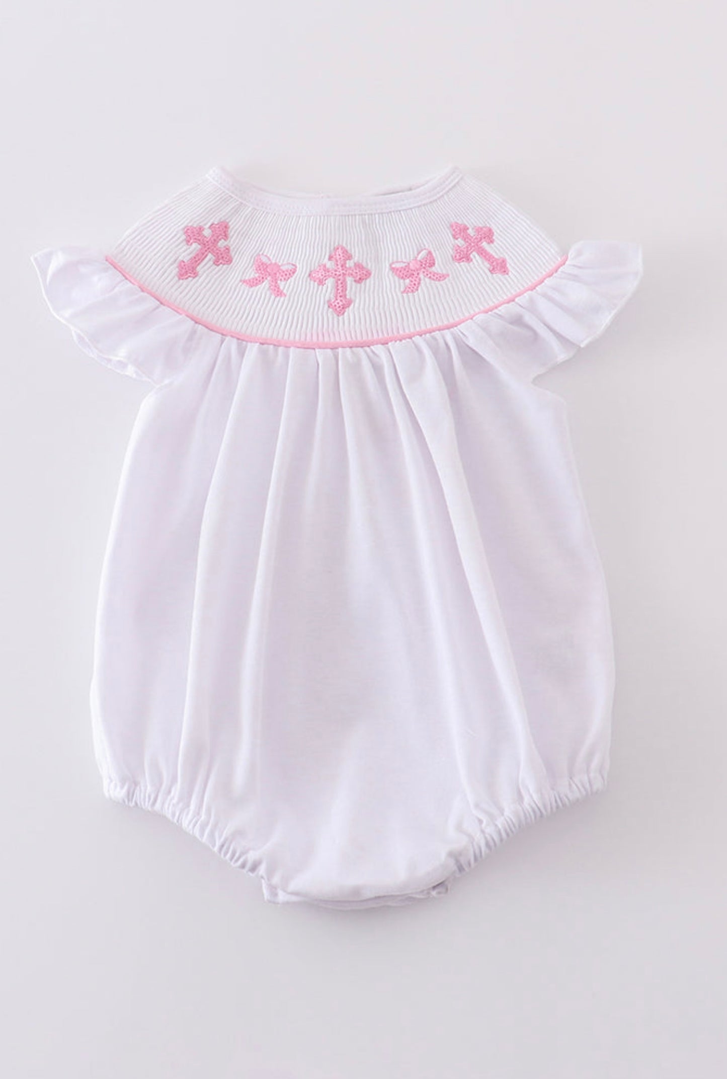Pink cross embroidery smocked bubble