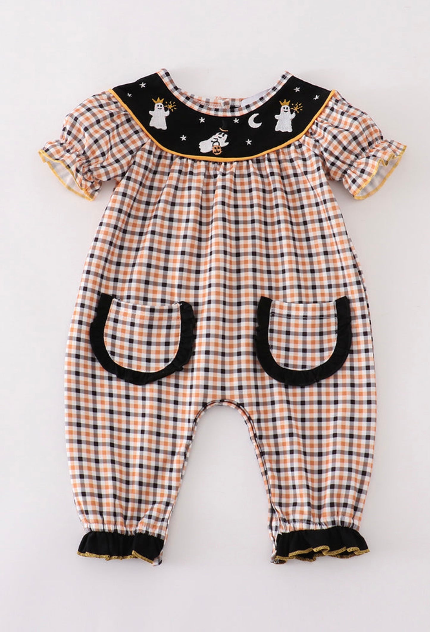 Halloween ghost embroidery plaid girl romper