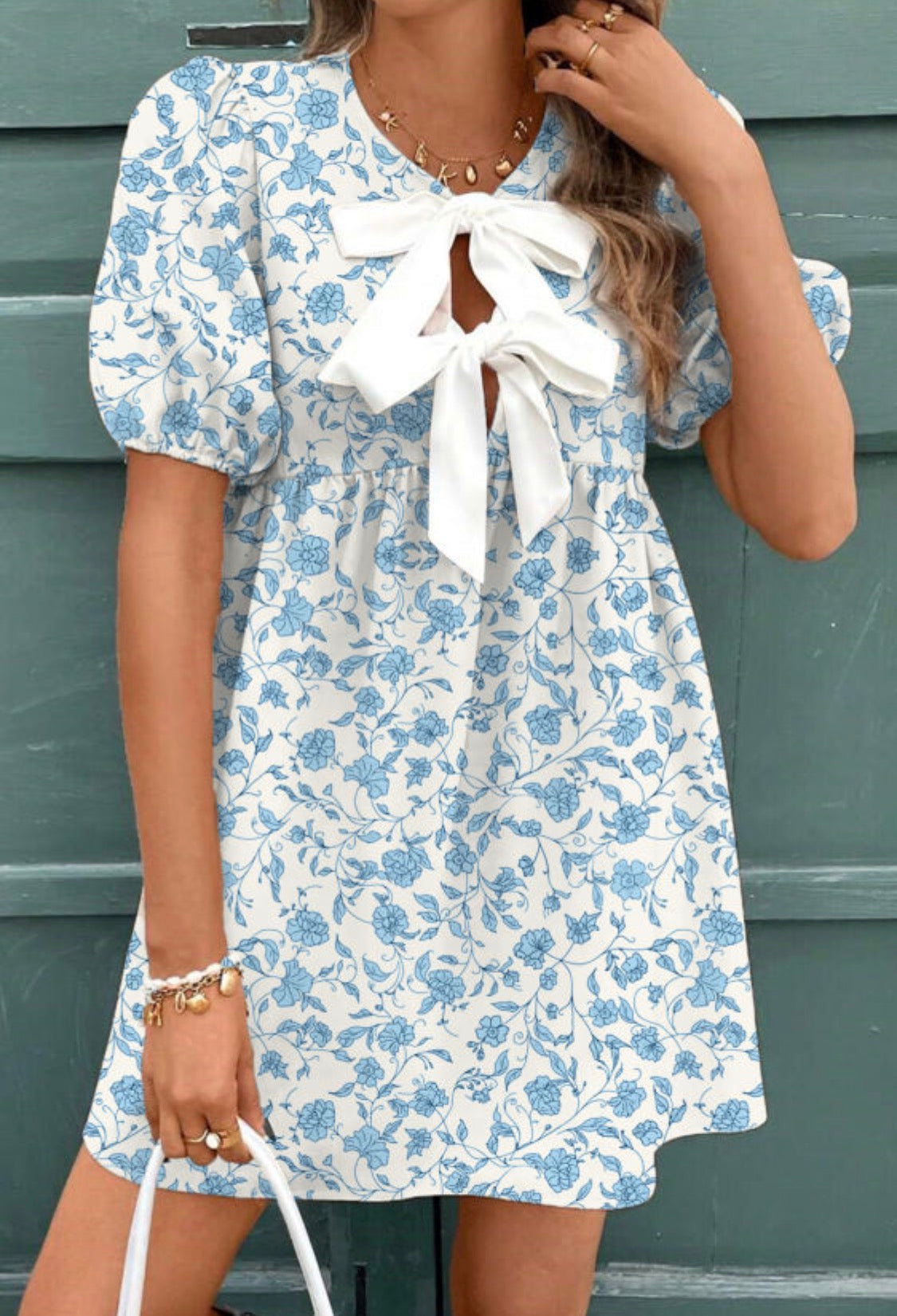 Sky Blue Floral Bow Puffy Sleeve Mini Dress