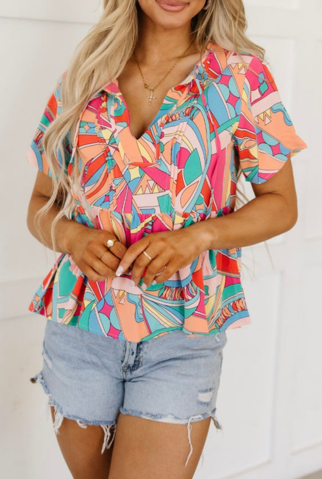 Boho Abstract Pattern V Neck Flowy Blouse