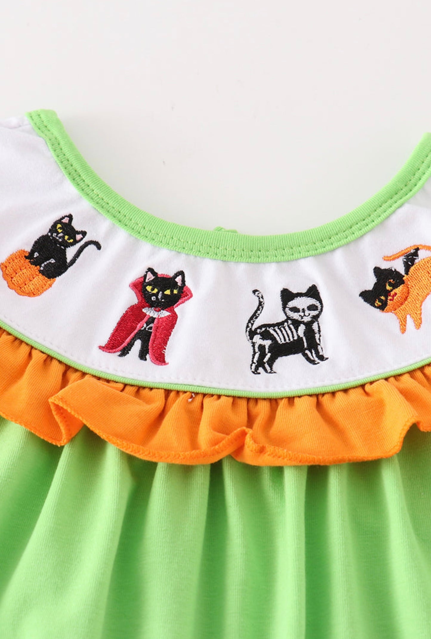 Green Halloween cat embroidery dress