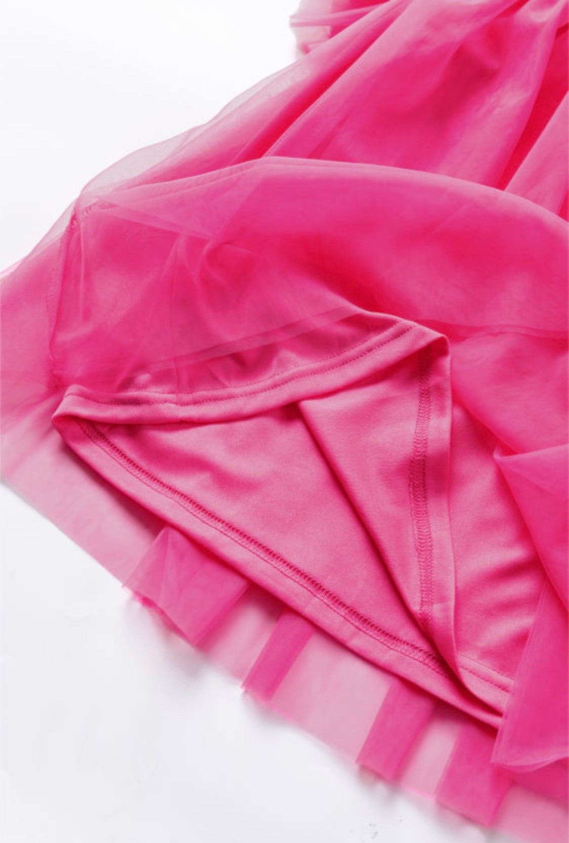 Strawberry Pink Tulle Ruffle Flared Babydoll Blouse