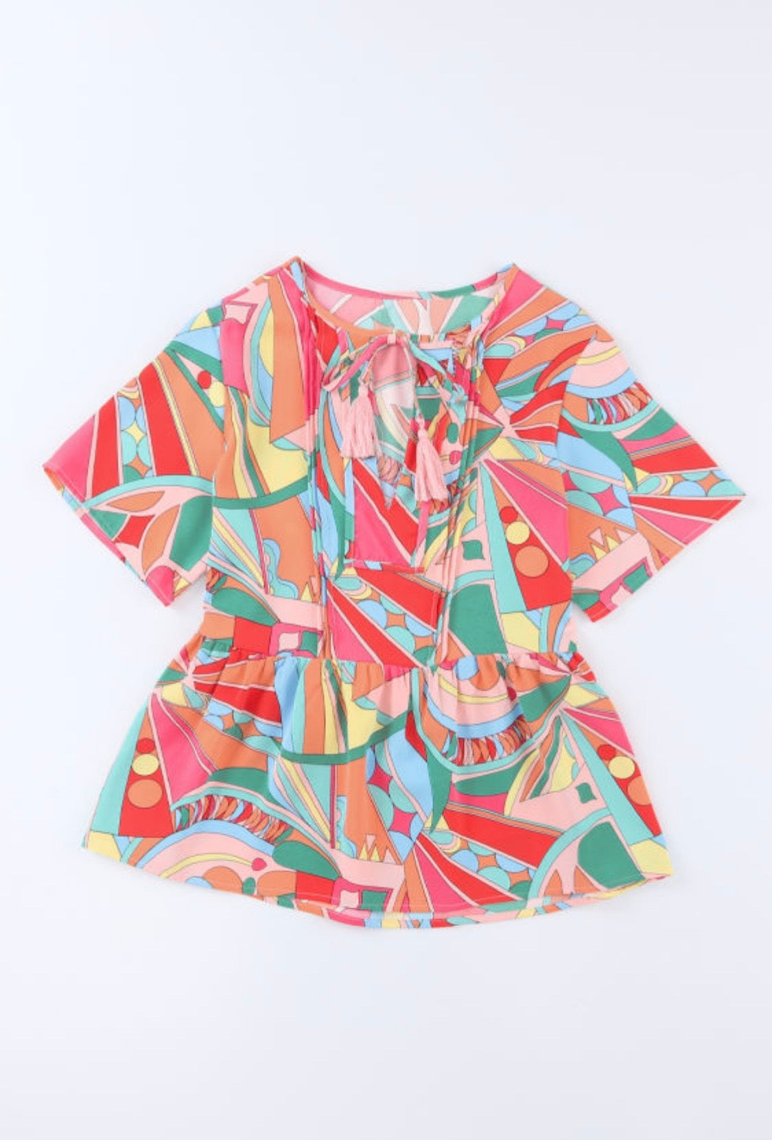 Boho Abstract Pattern V Neck Flowy Blouse