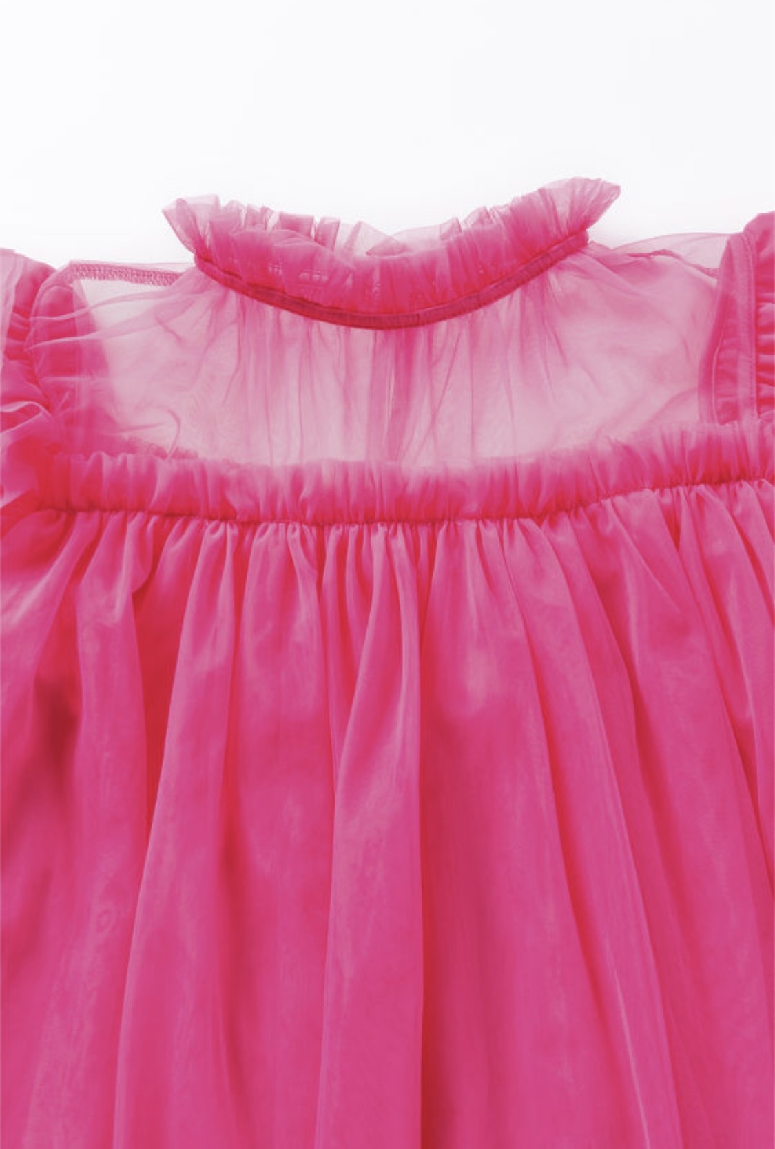 Strawberry Pink Tulle Ruffle Flared Babydoll Blouse