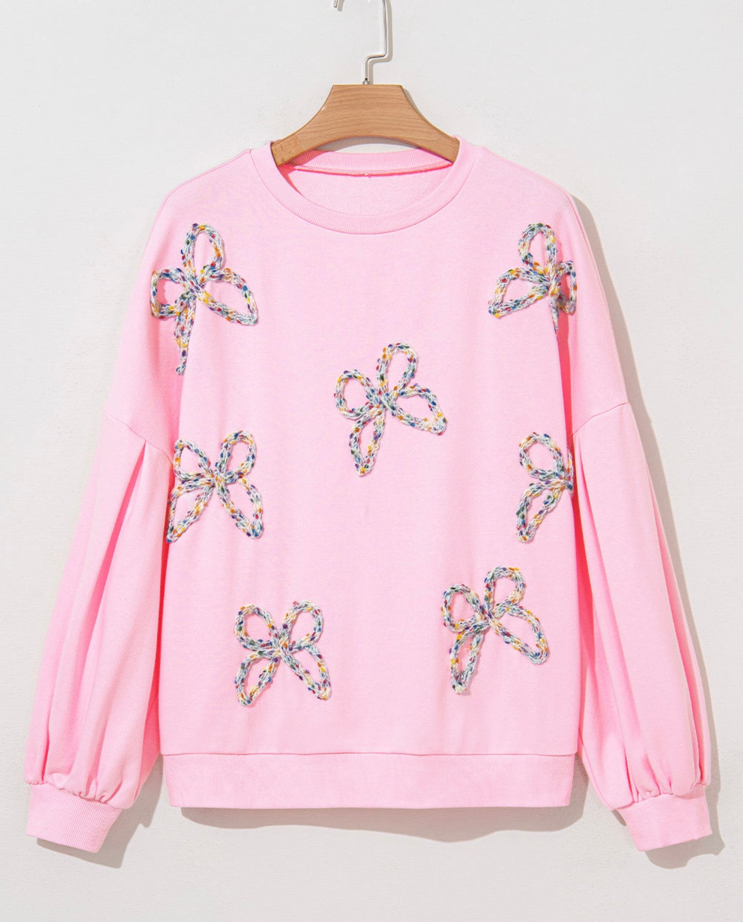 Light pink embroidered bow oversized pullover
