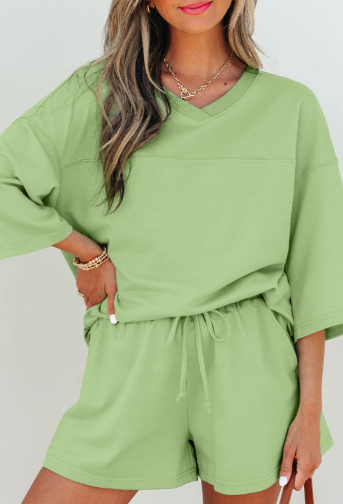 Solid V neck half sleeve tee and shorts