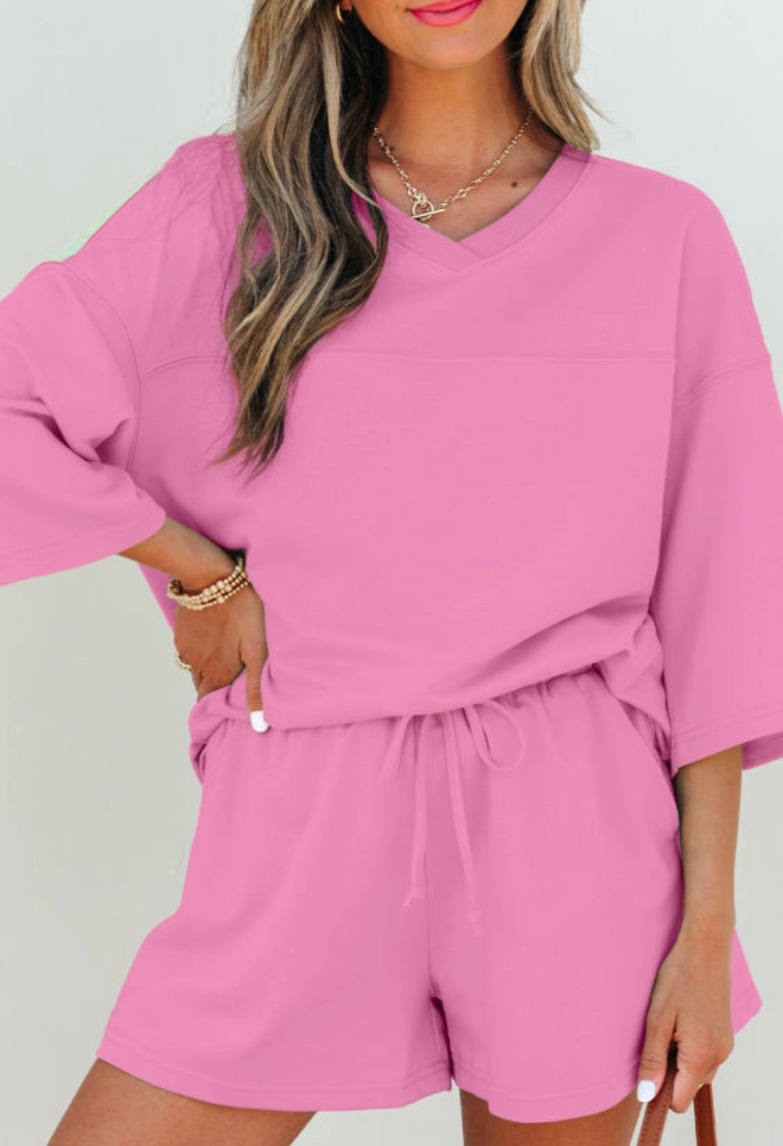 Solid V neck half sleeve tee and shorts