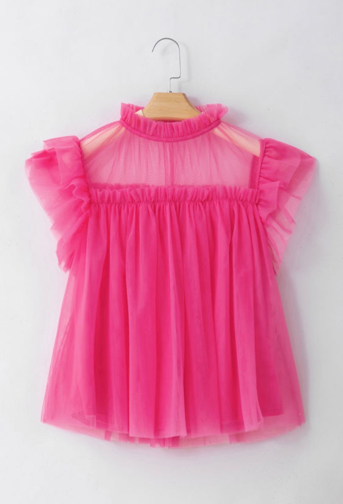 Strawberry Pink Tulle Ruffle Flared Babydoll Blouse