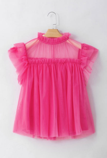 Strawberry Pink Tulle Ruffle Flared Babydoll Blouse
