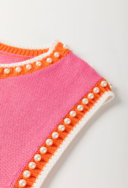 Bright pink contrast trim pearl sweater tank top