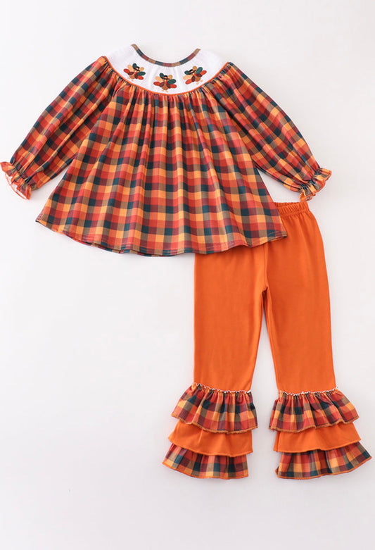 Turkey embroidery smocked plaid girl set