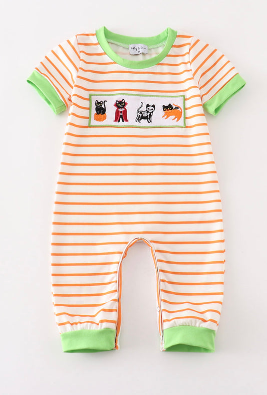 Green Halloween cat embroidery romper