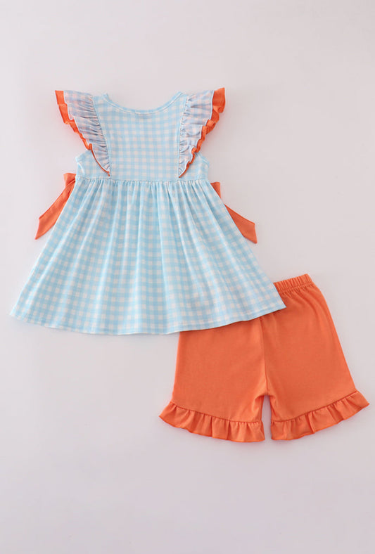 Dinosaur embroidery ruffle gingham shorts set