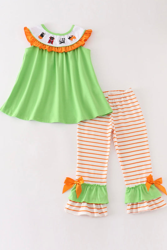Green Halloween cat embroidery girl set