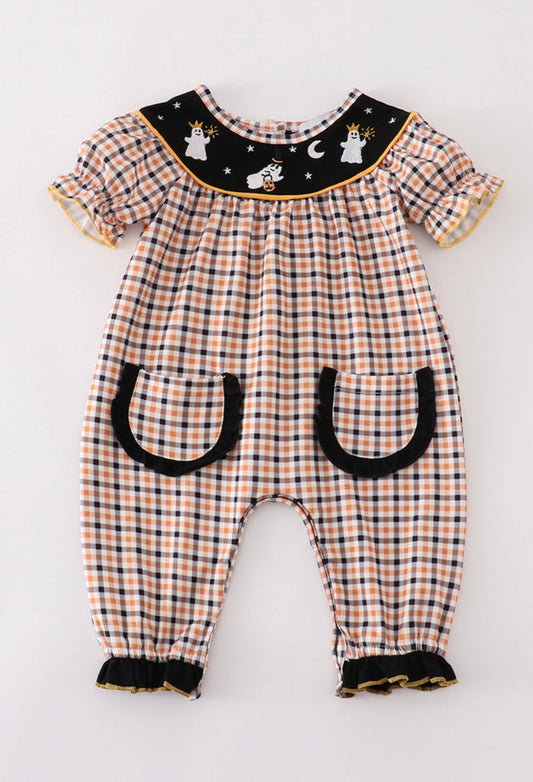 Halloween ghost embroidery plaid girl romper
