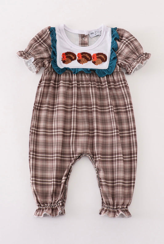 Plaid turkey french knot girl romper