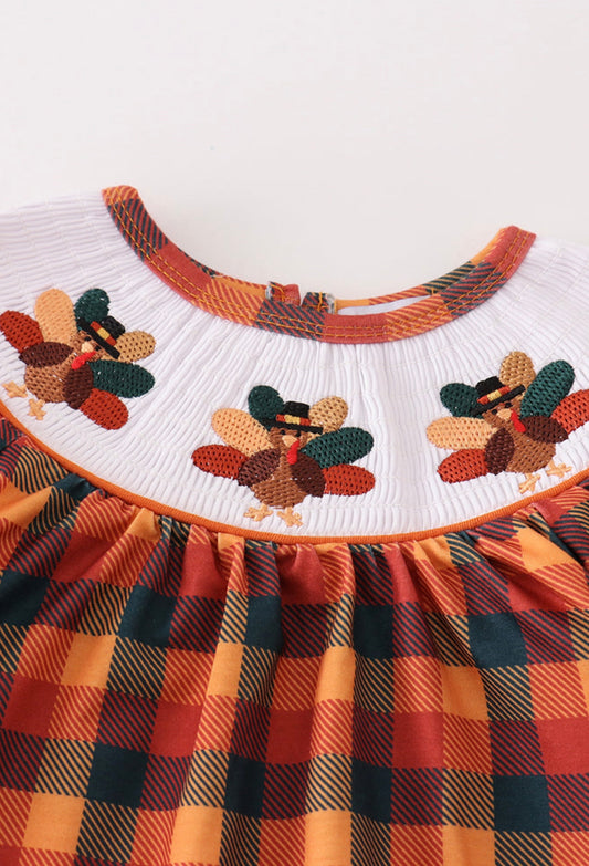 Turkey embroidery smocked plaid girl romper
