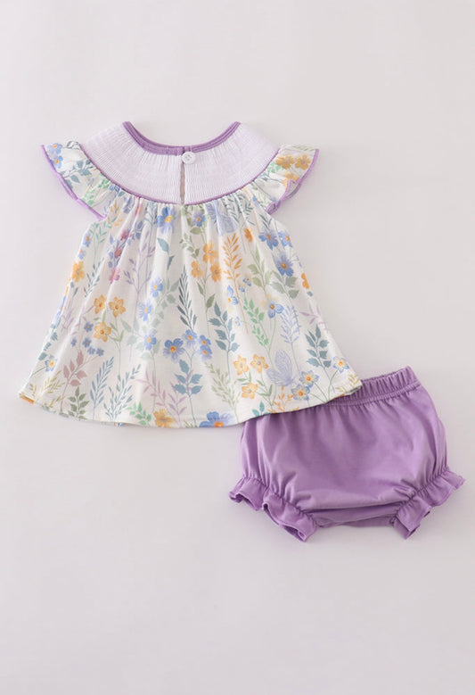 Floral embroidery smocked bloomer set
