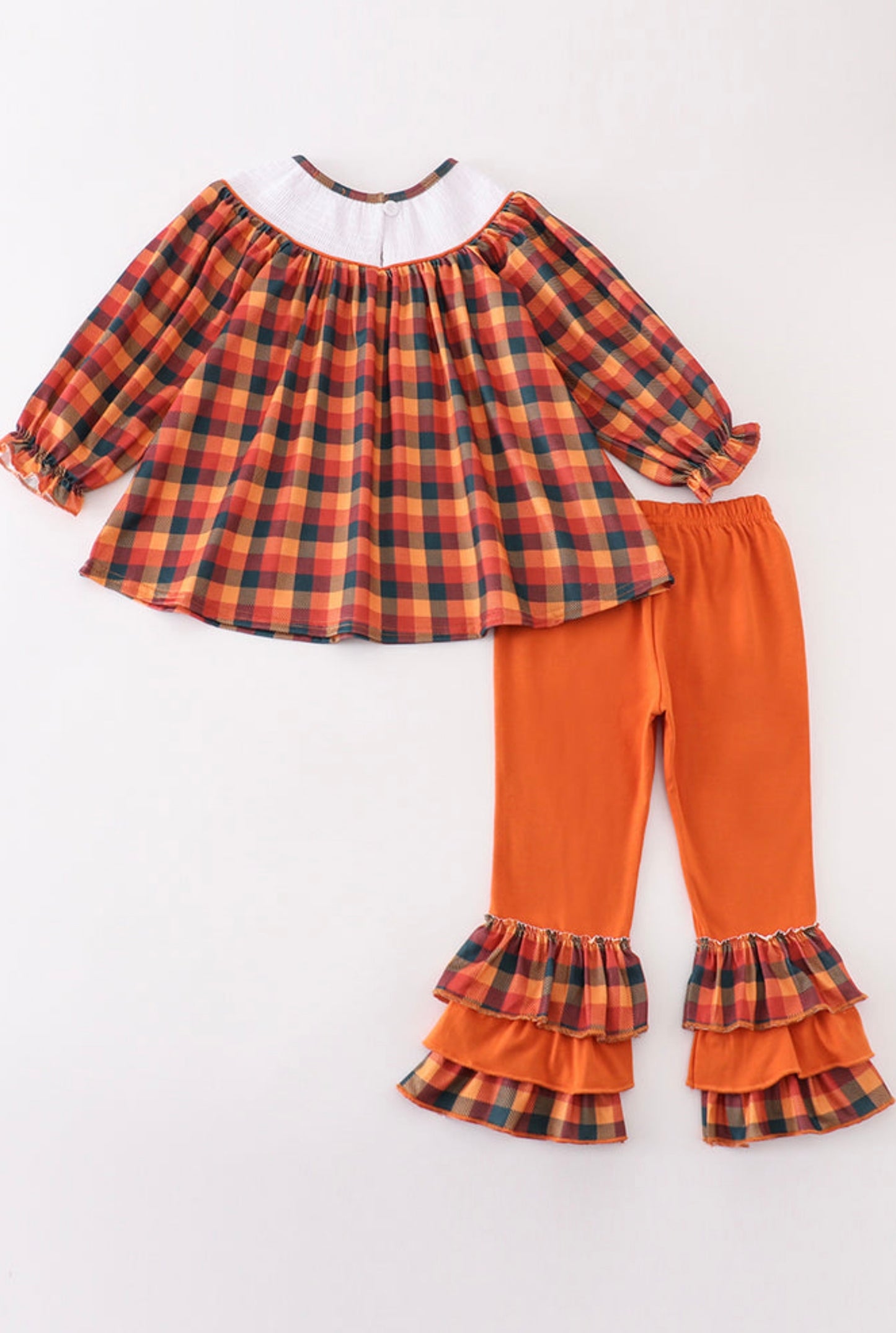 Turkey embroidery smocked plaid girl set