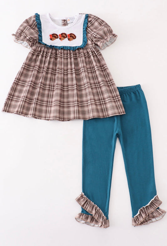 Plaid turkey french knot girl set