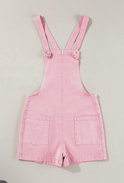 Pink knot strap denim romper with pockets