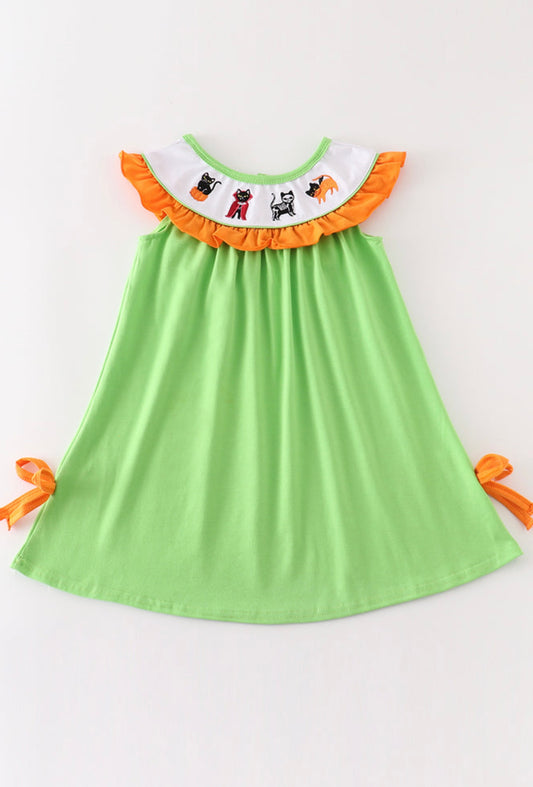 Green Halloween cat embroidery dress
