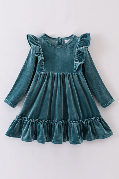 Premium Teal velvet ruffle dress