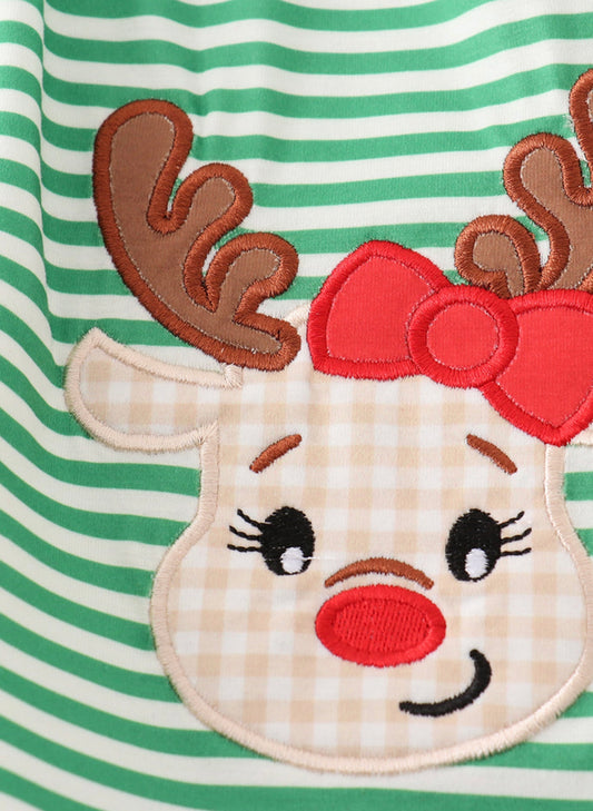 Stripe Christmas deer applique girl set