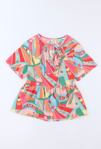 Boho Abstract Pattern V Neck Flowy Blouse