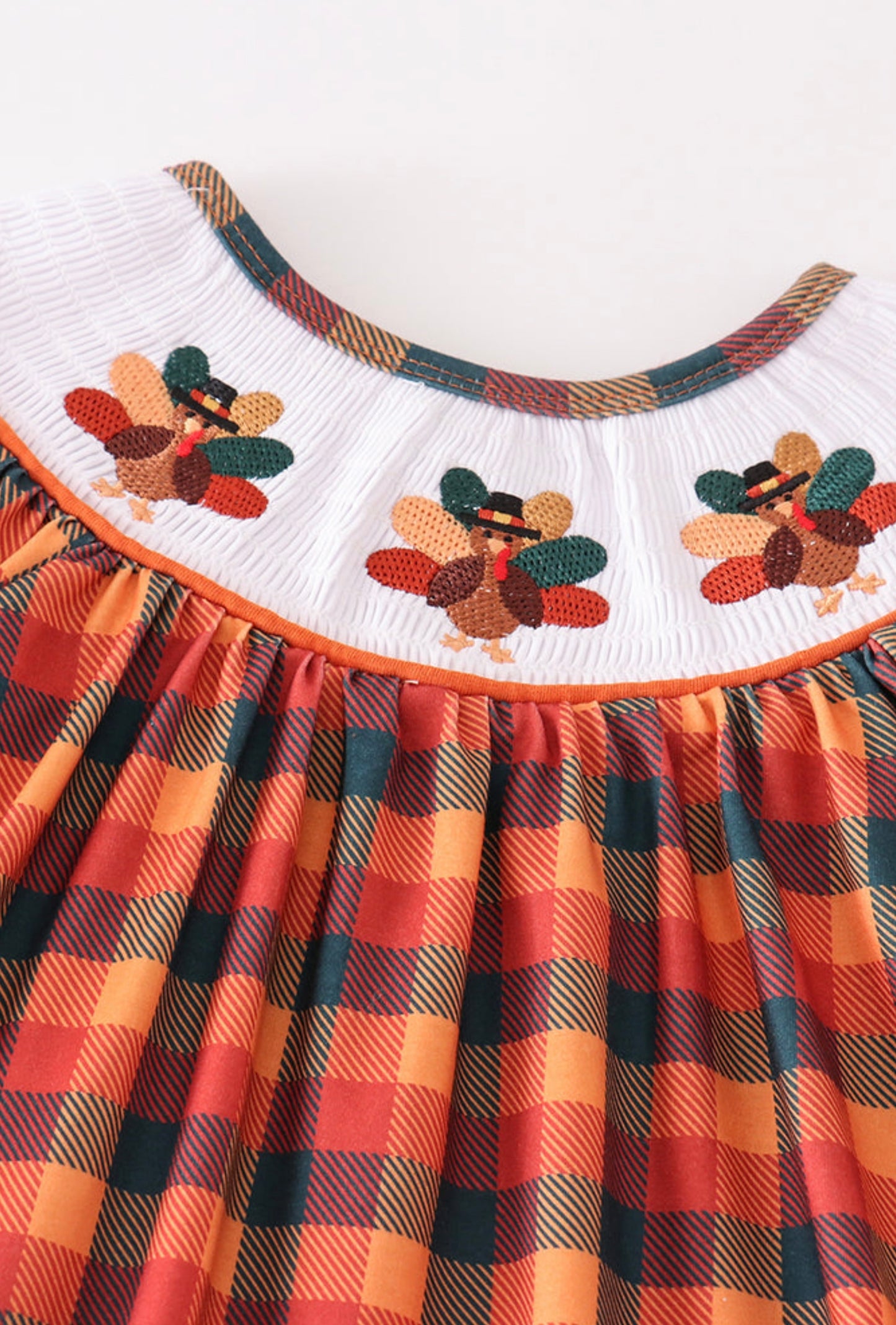 Turkey embroidery smocked plaid girl set