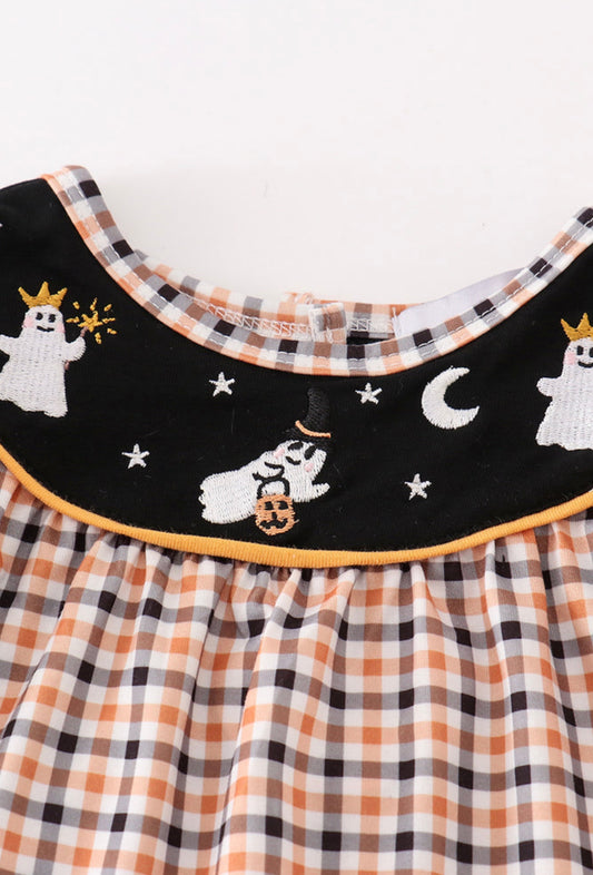 Halloween ghost embroidery plaid girl romper