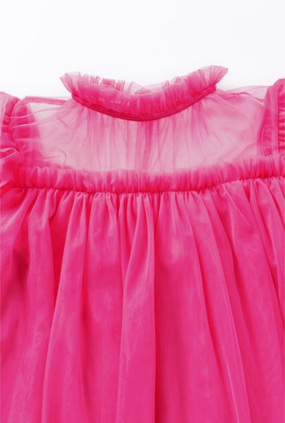 Strawberry Pink Tulle Ruffle Flared Babydoll Blouse