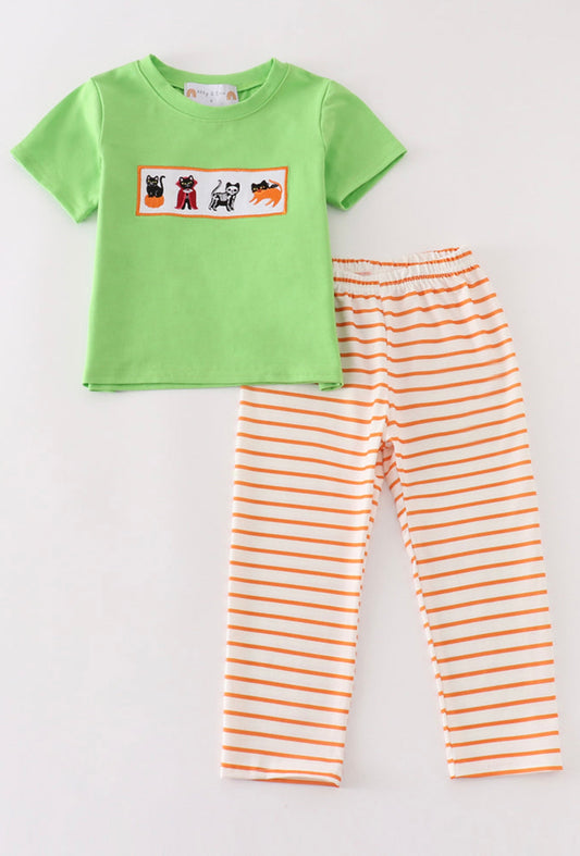 Green Halloween cat embroidery boy set