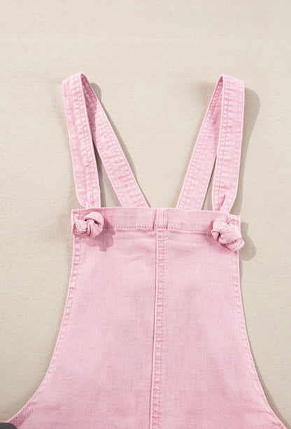 Pink knot strap denim romper with pockets