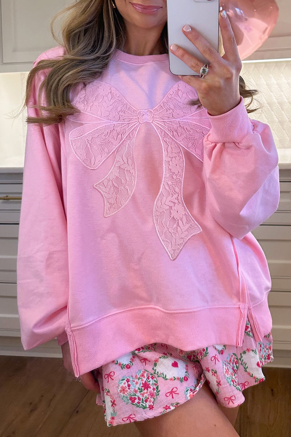 Lace insert bow embroidered sweatshirt
