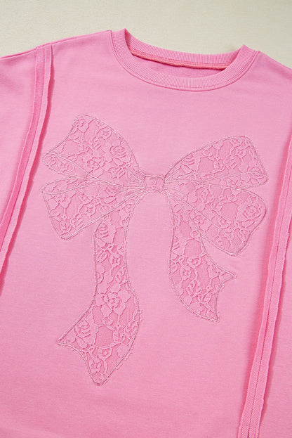 Lace insert bow embroidered sweatshirt