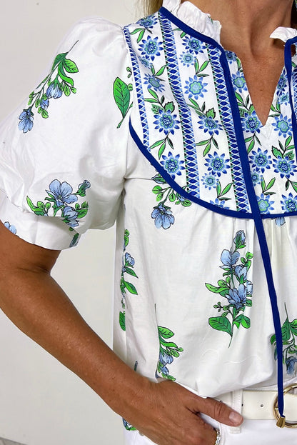 Floral print tie neck short sleeve blouse