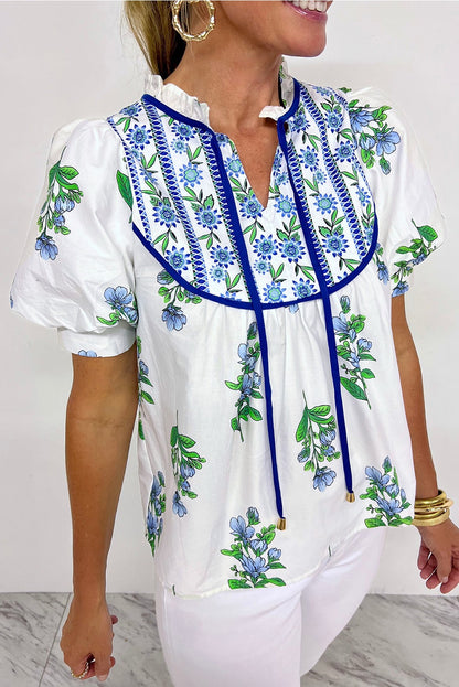 Floral print tie neck short sleeve blouse