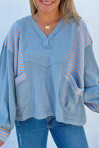 Exposed seam waffle patchwork baggy pullover