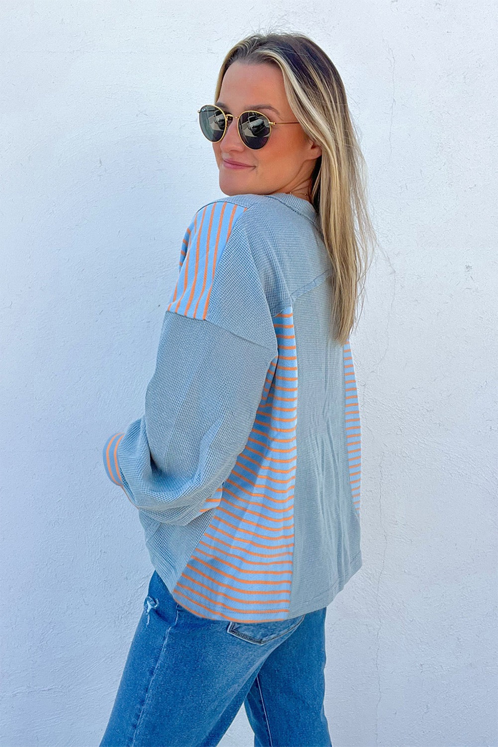 Exposed seam waffle patchwork baggy pullover