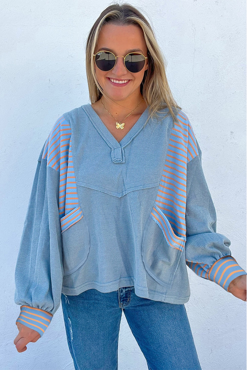 Exposed seam waffle patchwork baggy pullover