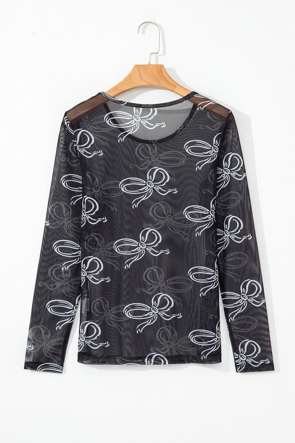Round black neck bow print long sleeve mesh top
