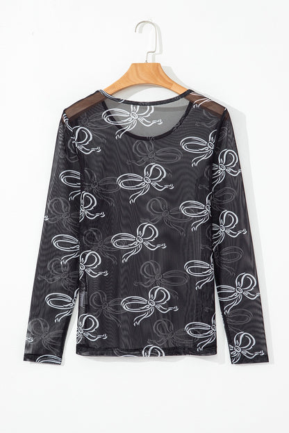 Round black neck bow print long sleeve mesh top