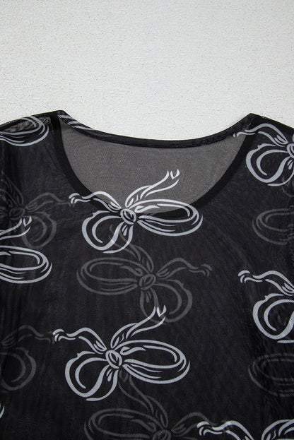 Round black neck bow print long sleeve mesh top